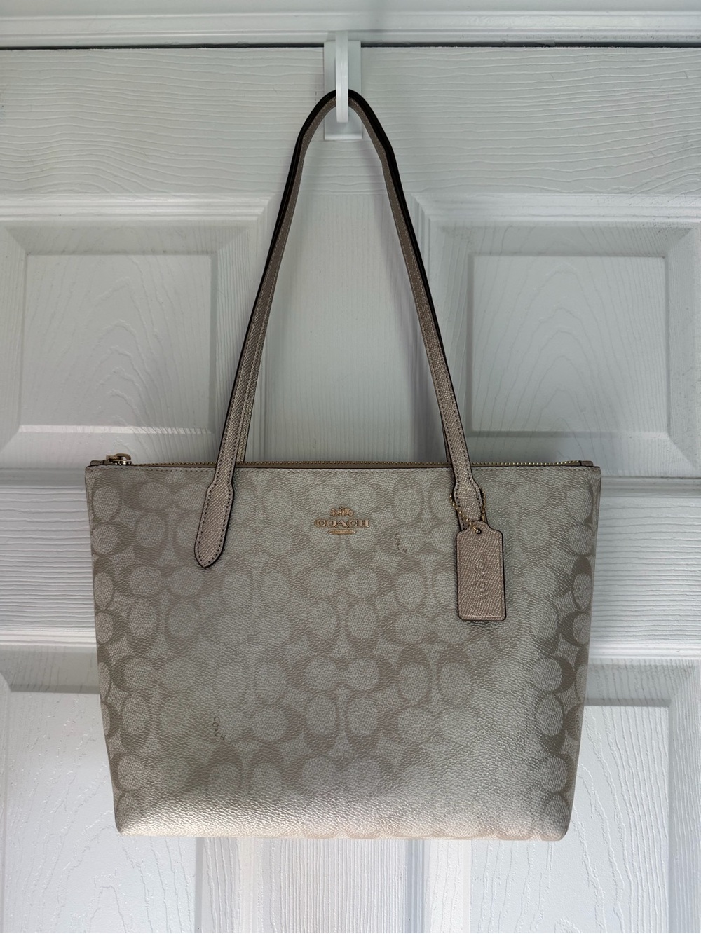 Coach Fiona Tote Bag Signature Monogram Pearlized Metallic Champagne